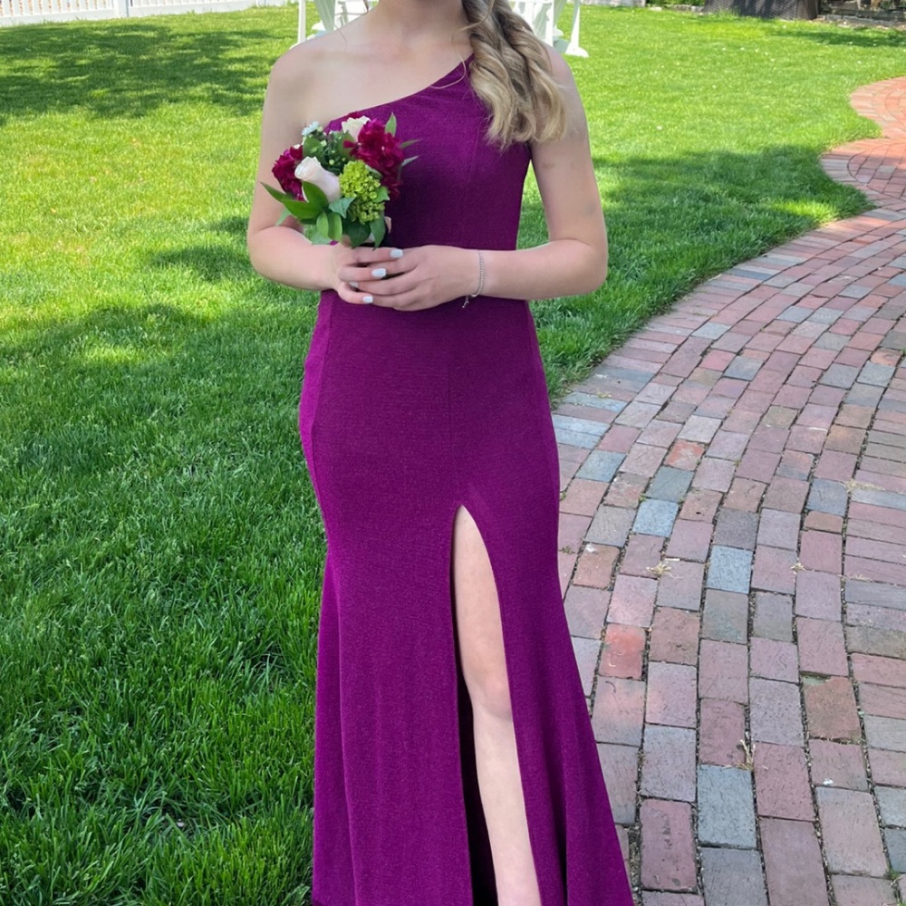 Fuchsia prom dress with sparkle and stretch